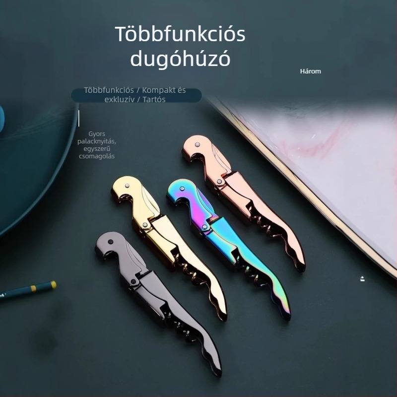 Rozsdamentes acél tengeri csikó alakú üvegnyitó, késes kivitel, multifunkciós bor- és sörnyitó
