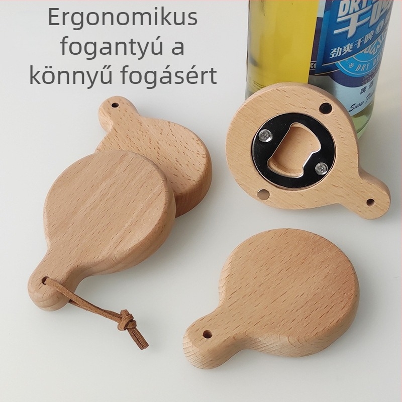 Bükkfa anyagú üvegnyitó, mágneses hűtőmágnes, kreatív gravírozás