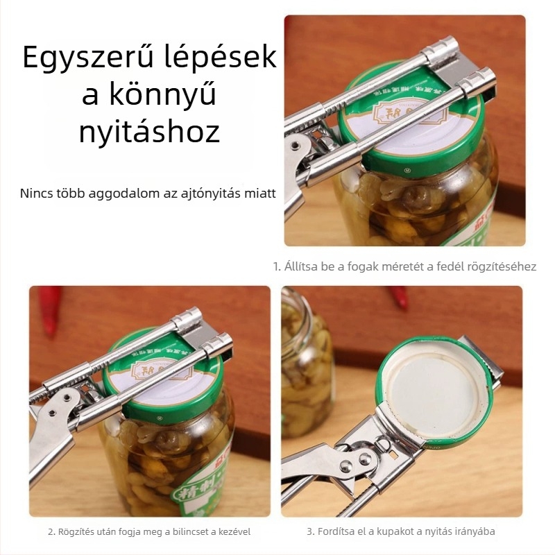 Rozsdamentes acél konzervnyitó és palacknyitó, állítható, többfunkciós, csúszásmentes markolattal – konyhai eszköz