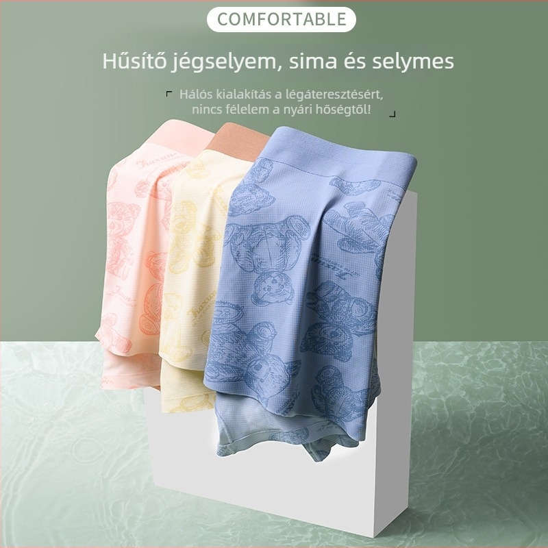 Férfi boxeralsó medve mintával, Ice Silk hálós anyag, légáteresztő, kényelmes, középmagas derekú