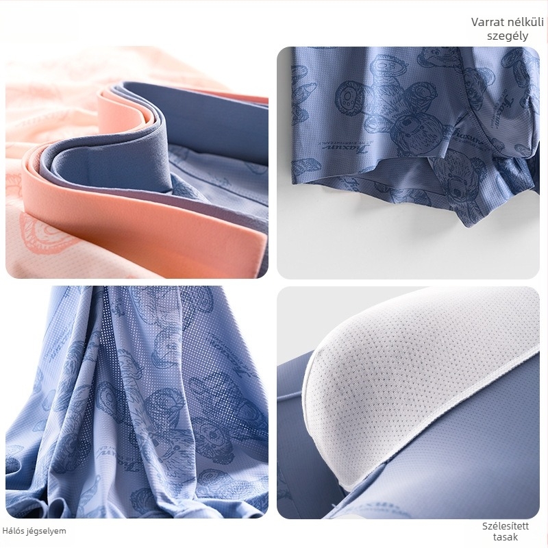 Férfi boxeralsó medve mintával, Ice Silk hálós anyag, légáteresztő, kényelmes, középmagas derekú
