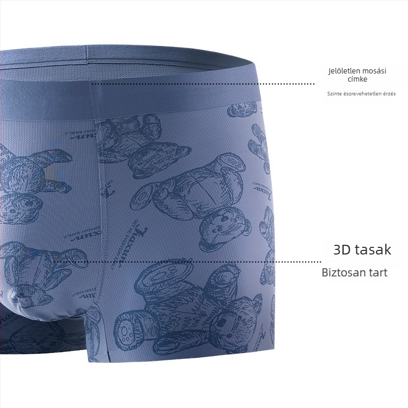 Férfi boxeralsó medve mintával, Ice Silk hálós anyag, légáteresztő, kényelmes, középmagas derekú