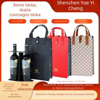 Kétpackos borosüveg táska kézi hordozóval, minimalist design, fekete-piros kockás mintázat