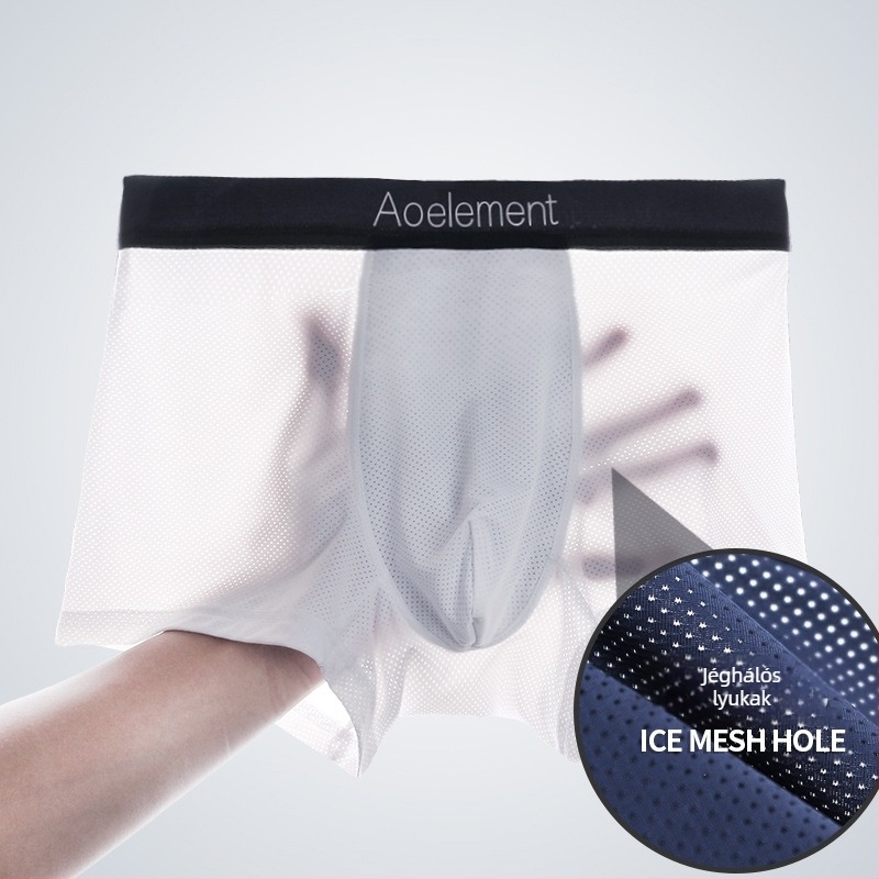 Férfi lélegző boxeralsó, hálós Ice Silk anyagból, középmagas derekú, varratmentes, egyszínű