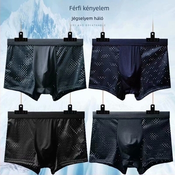 Nyári férfi boxeralsó jég-selyem hálós panelekkel, lyukasztott panelekkel, középmagas derék, lélegző, gyorsan száradó