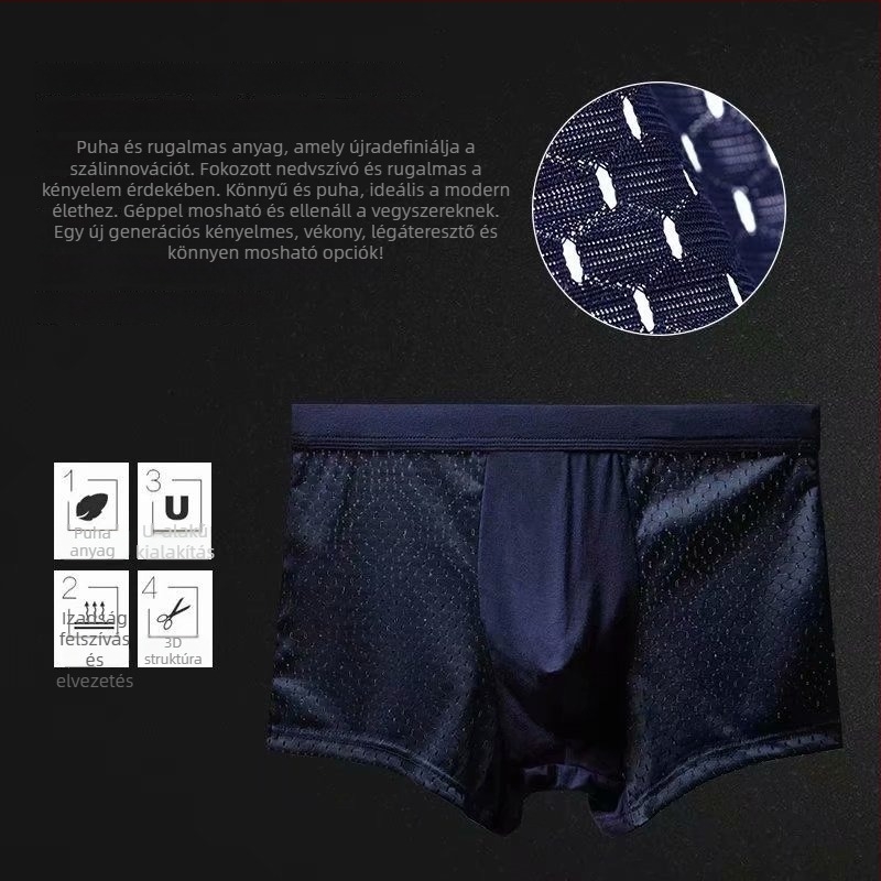 Nyári férfi boxeralsó jég-selyem hálós panelekkel, lyukasztott panelekkel, középmagas derék, lélegző, gyorsan száradó