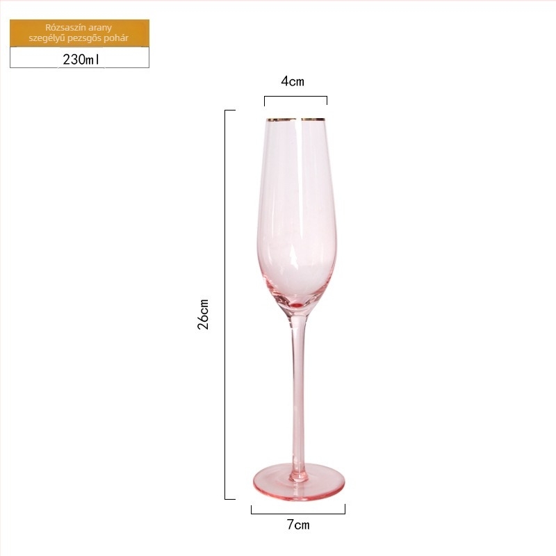 Bár- és étkezési magas lábú pezsgő és vörösboros pohár, kézzel sodrt, rózsaszín arany peremmel, tiszta kristályüveg, 401–500 ml