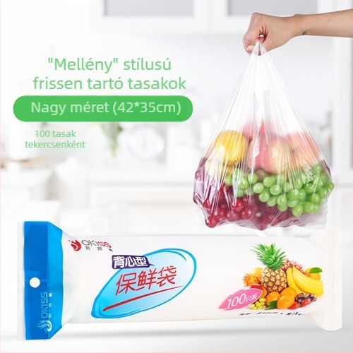100 db vastag mellény-stílusú élelmiszertároló zacskó, perforált könnyítés a tépéshez, nagy méretű egyszer használatos zacskó élelmiszerekhez
