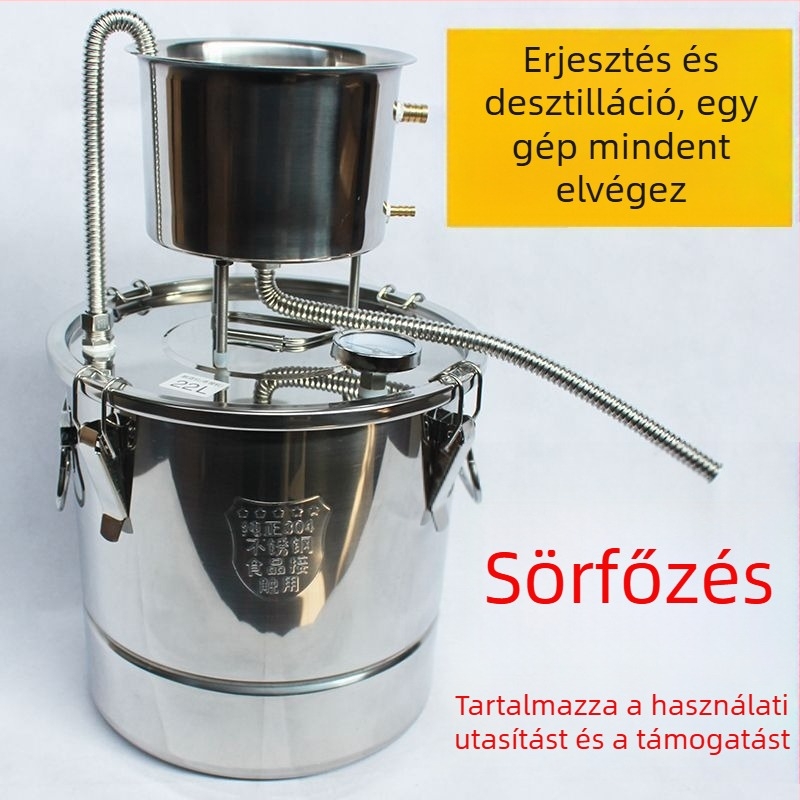 Otthoni sör- és pálinkafőző berendezés, kompakt desztilláló hidroszolhoz és szeszes italokhoz, rozsdamentes acél.
