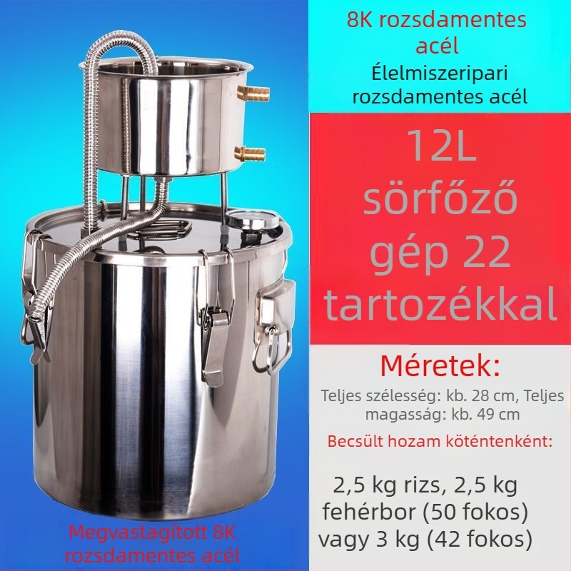 Otthoni sör- és pálinkafőző berendezés, kompakt desztilláló hidroszolhoz és szeszes italokhoz, rozsdamentes acél.