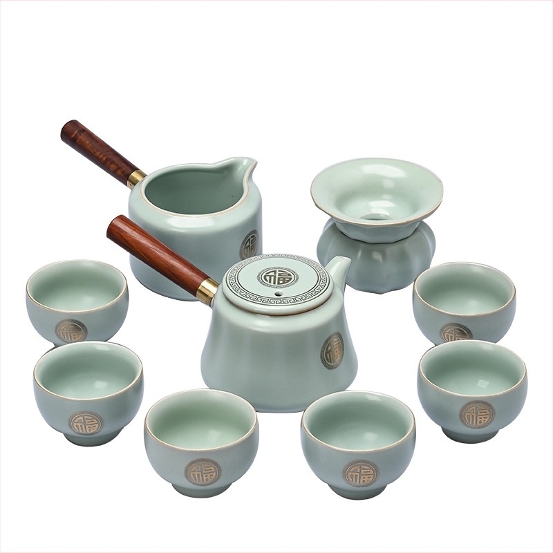 Ru Kiln Kung Fu teászett – prémium porcelánból: teáskanna fedővel, teáscsészék, ajándékdoboz iroda részére