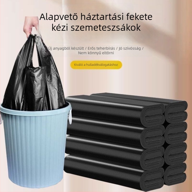 Vastagított fekete műanyag szemeteszsákok fogantyúval, mellény-stílusú, otthoni, kollégiumi és irodai használatra