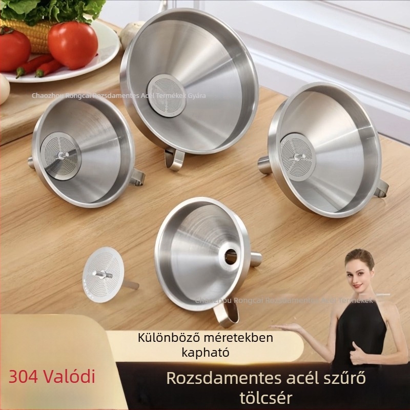304 rozsdamentes acélból készült tömör tölcsér szűrővel, konyhai olaj- és boröntéshez, nagy és kicsi átmérővel