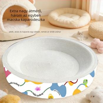 Integrált kör alakú macskakuckó karcolófelülettel hullámkartonból, tartós és karcolásálló, morzsamentes, extrán nagy felület macskáknak.