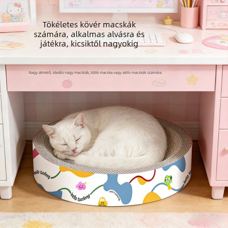 Integrált kör alakú macskakuckó karcolófelülettel hullámkartonból, tartós és karcolásálló, morzsamentes, extrán nagy felület macskáknak.