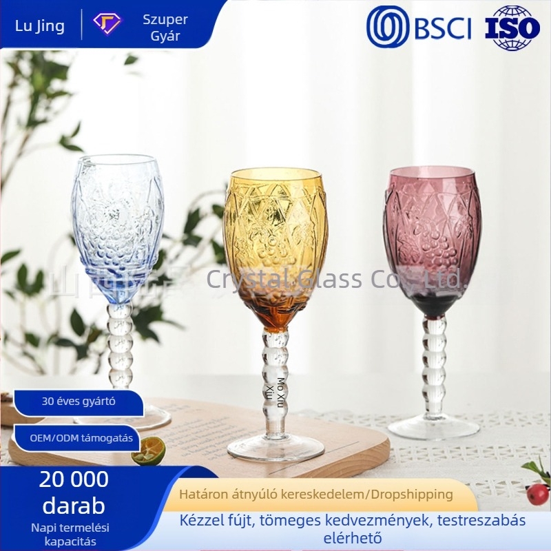 Északi stílusú, reliefes, színes üvegpohár vörösborhoz és pezsgőhöz, színes lábú goblet, minimalistás sörös pohár