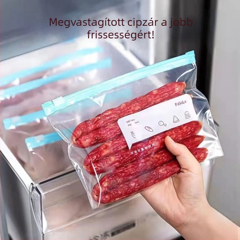 Élelmiszerbiztonságos, vastag záró tasak hűtőszekrényhez és fagyasztóhoz, cipzáras zárás