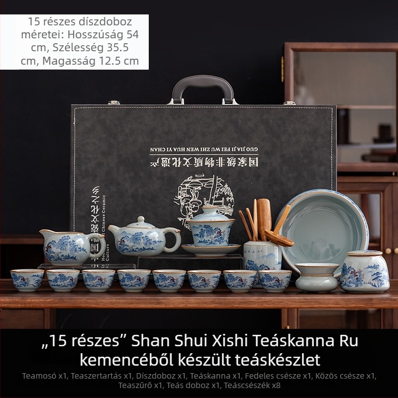 Kék-fehér kerámia teáskészlet, 15 darabos ajándékdoboza; tartalmaz teáskannát, fedeles tálat és tea mosó tálat