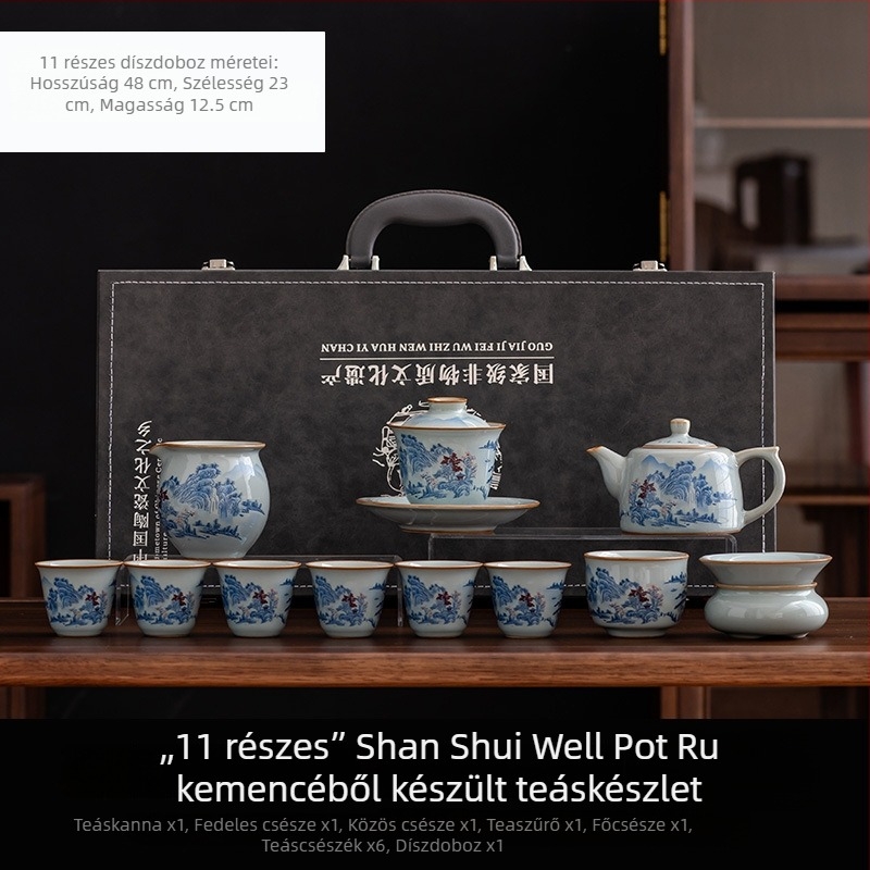 Kék-fehér kerámia teáskészlet, 15 darabos ajándékdoboza; tartalmaz teáskannát, fedeles tálat és tea mosó tálat