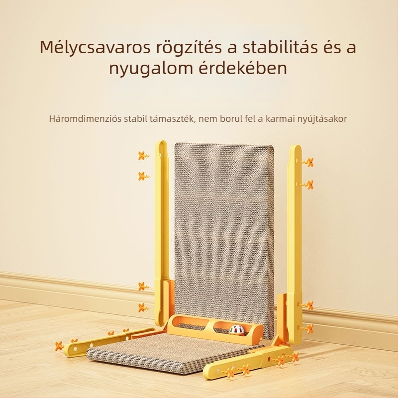 Függőleges L-alakú macska karmolódeszka, falra szerelhető, kopásálló, szélesebb és vastagabb, nem hullik ki a szál, karmok élező eszköz, gofrált kartonból készült