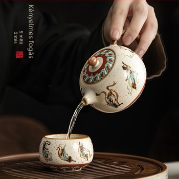 Új Ru Kiln Dunhuang teáskészlet kerámia teáskannával, díszített zománc dekorral, otthoni használatra, kiegészítők a tea ceremóniához