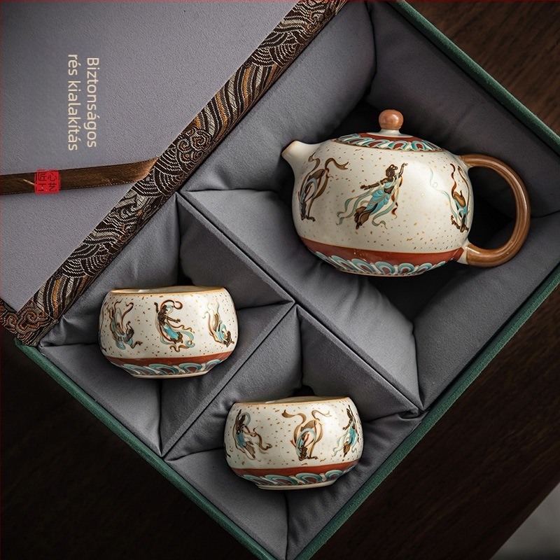 Új Ru Kiln Dunhuang teáskészlet kerámia teáskannával, díszített zománc dekorral, otthoni használatra, kiegészítők a tea ceremóniához
