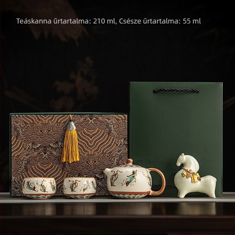 Új Ru Kiln Dunhuang teáskészlet kerámia teáskannával, díszített zománc dekorral, otthoni használatra, kiegészítők a tea ceremóniához
