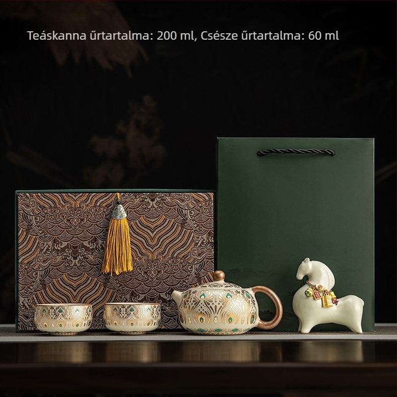 Új Ru Kiln Dunhuang teáskészlet kerámia teáskannával, díszített zománc dekorral, otthoni használatra, kiegészítők a tea ceremóniához