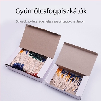 Fából készült gyümölcsnyársak színes virágmintával, modern letisztult stílusban – koktélokhoz, nassolnivalókhoz és desszertekhez