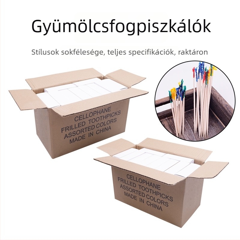 Fából készült gyümölcsnyársak színes virágmintával, modern letisztult stílusban – koktélokhoz, nassolnivalókhoz és desszertekhez