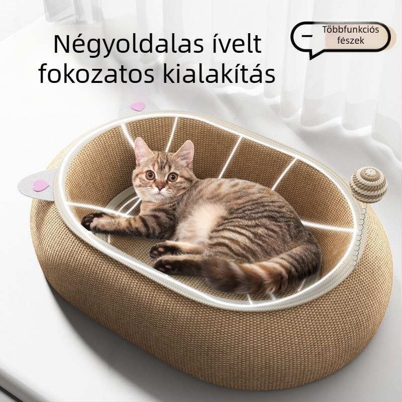 Minden évszakra alkalmas macskafészek sisálból, alvófelület, nagy méret, kopásálló és szőrszálakat nem hullajtó kaparódeszka