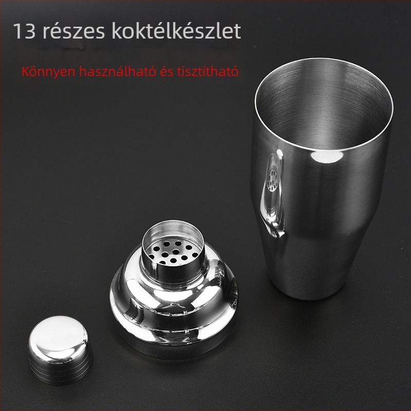 Rozsdamentes acél koktélkészlet, 13 darabos, dupla fejű mérőpohár, üvegnyitó és jégszűrő