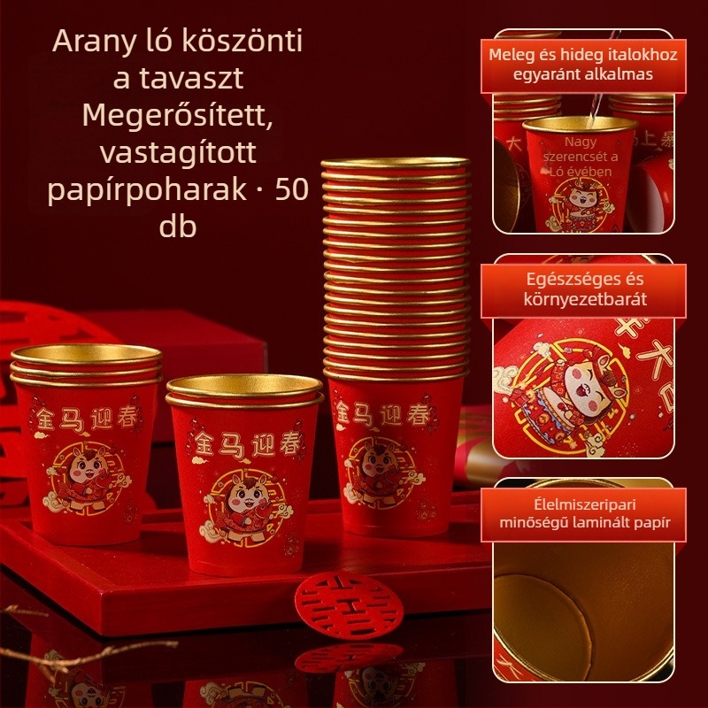 Egyszer használható papír pohár aranyfóliával, a Ló éve alkalmából, 201–300 ml, biológiailag lebomló, nagykereskedelmi csomag