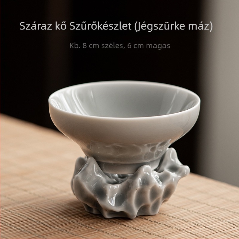 Japán stílusú kerámia teafilter készlet, jégszürke mázzal, infúzorral és tealevél-szűrővel