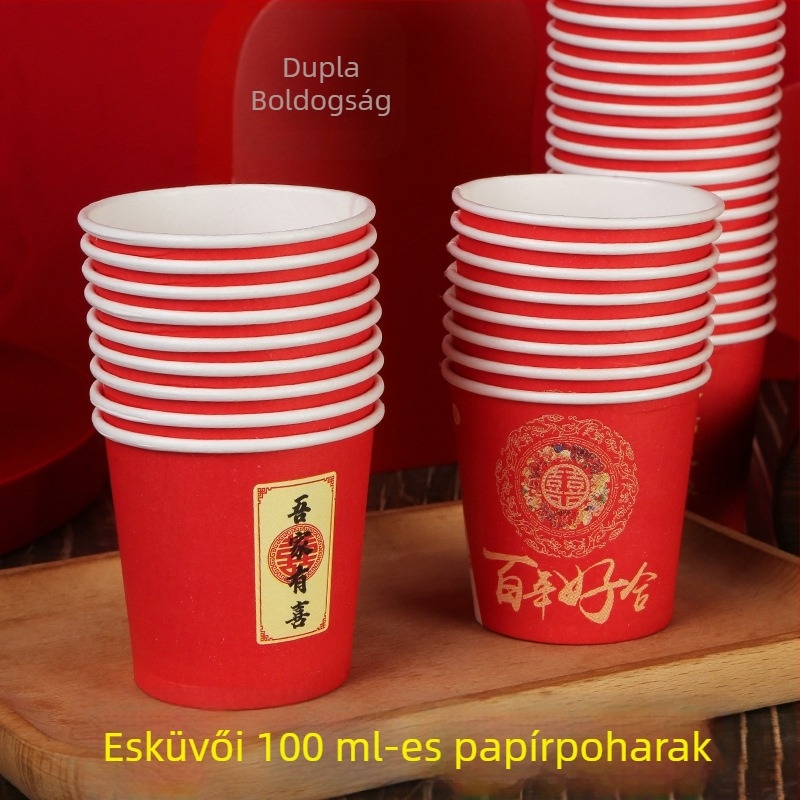 100 ml-es esküvői papír pohár, egyszer használatos, vastagított kivitel, vörös Dupla Boldogság felirattal a koccintáshoz