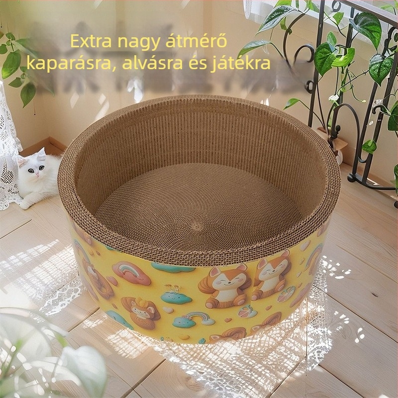 Mélyített és nagyobb kör alakú macska karmoló tábla hullámpapírból, karcolásálló és szöszmentes, rajzfilm macska mintával.