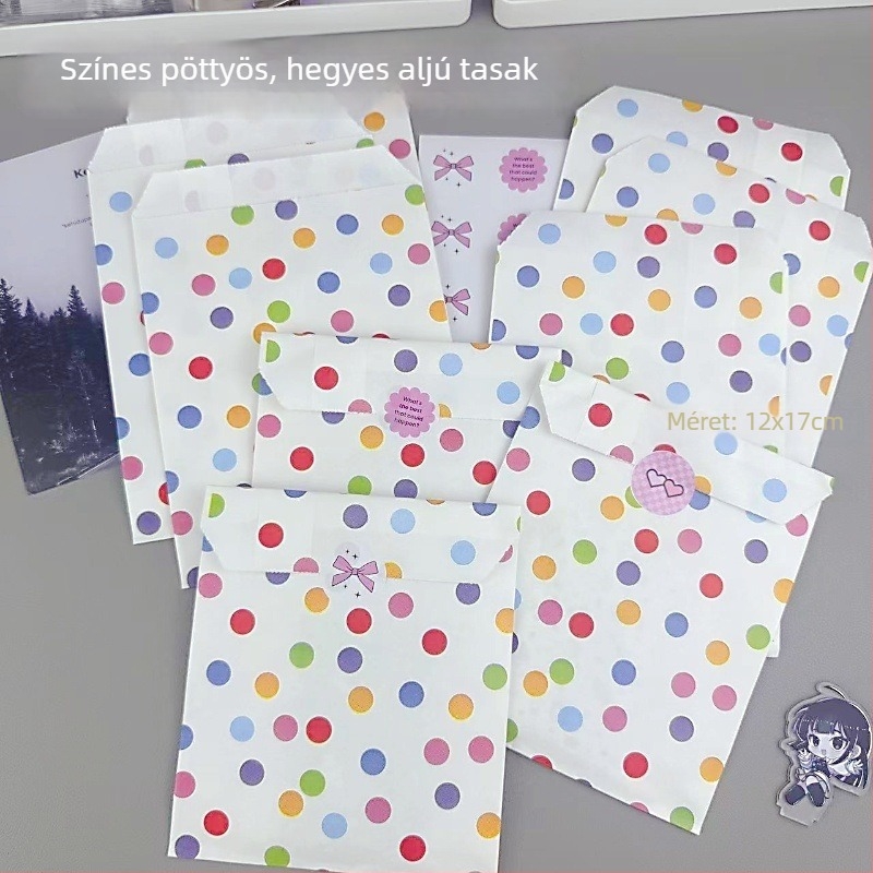 Színes Kraftpapír zacskók konuszos alappal, hullám- és pöttyös mintával, egyszer használatos, ünnepi ételek, édességek és sütemények csomagolására (12x17 cm)