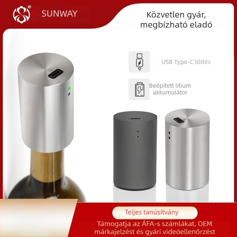 USB-töltésű automata vákuumdugó rozsdamentes acélból, bor megőrzésére