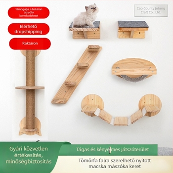 Minimalista falra szerelhető macskamászó állvány ugróplatformdal és tömörfa macskaházzal