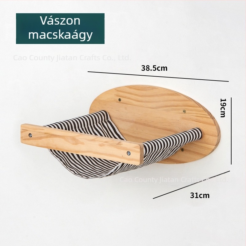 Minimalista falra szerelhető macskamászó állvány ugróplatformdal és tömörfa macskaházzal