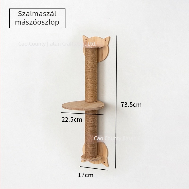 Minimalista falra szerelhető macskamászó állvány ugróplatformdal és tömörfa macskaházzal