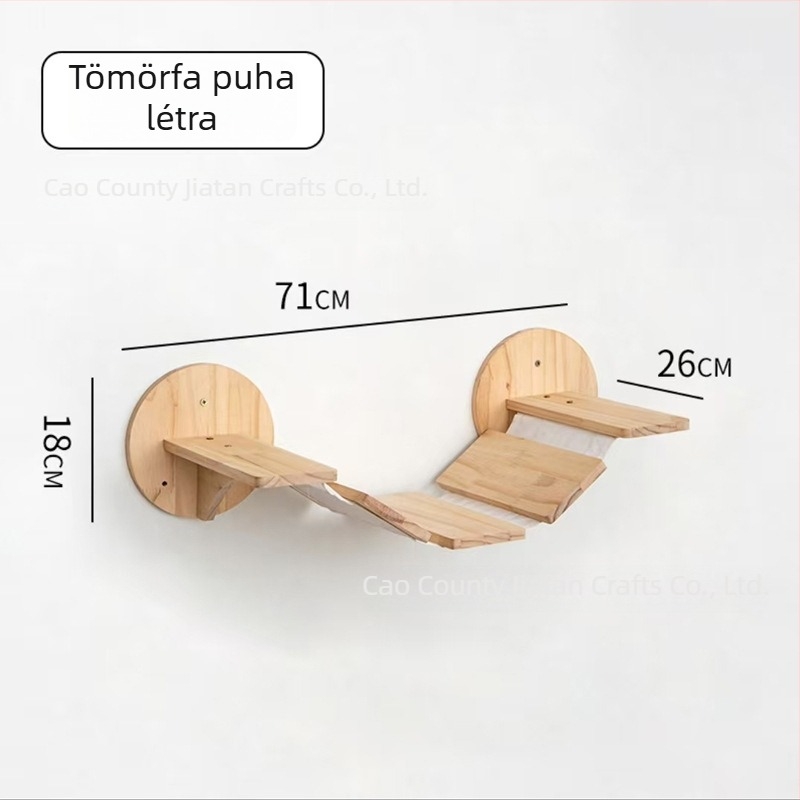 Minimalista falra szerelhető macskamászó állvány ugróplatformdal és tömörfa macskaházzal