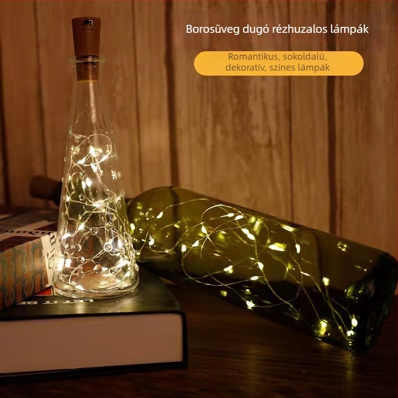 Borospohár dugó lámpaszár rézdróttal, 2 m hosszú, 20 LED, IP67, fényerő szabályozható, elemes, beltéri dekoráció