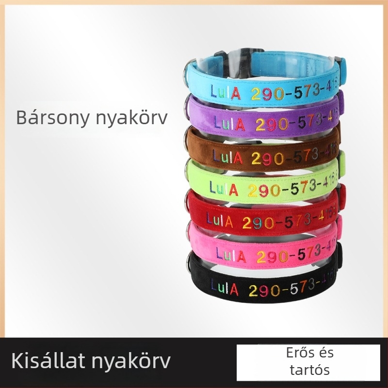 Hímzett azonosító nyakörv kutyáknak és macskáknak, elvesztés elleni védelem, személyre szabott név és telefonszám