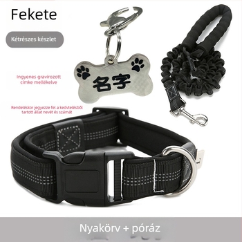 Reflektív elvesztés elleni kutyanyakörv, állítható pórázzal és azonosító gravírtáblával közepes és nagytestű kutyák számára