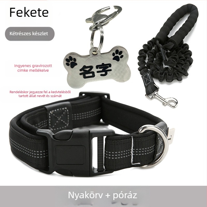 Reflektív elvesztés elleni kutyanyakörv, állítható pórázzal és azonosító gravírtáblával közepes és nagytestű kutyák számára