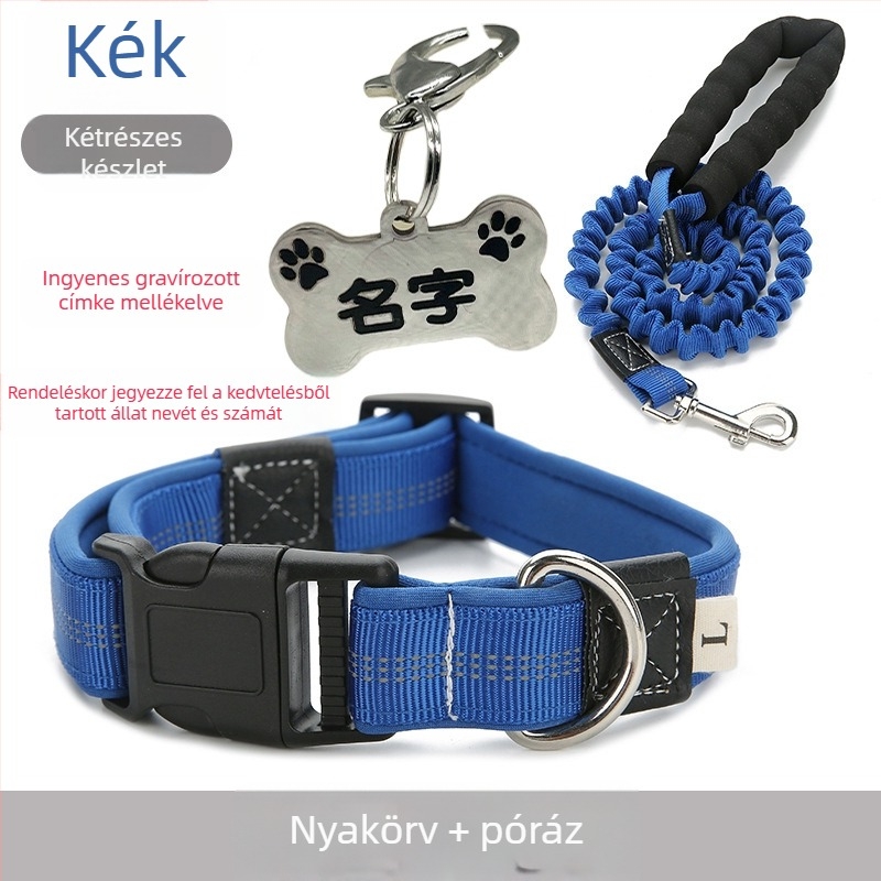 Reflektív elvesztés elleni kutyanyakörv, állítható pórázzal és azonosító gravírtáblával közepes és nagytestű kutyák számára
