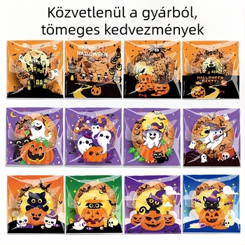Öntapadós OPP csomagoló tasakok sütemények és édességek Halloween mintákkal — Happy Ghost 4-in-1, Pumpkin Cat 4-in-1, Happy Castle 4-in-1