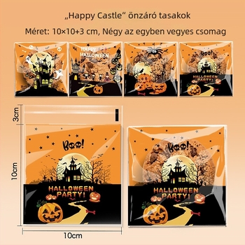 Öntapadós OPP csomagoló tasakok sütemények és édességek Halloween mintákkal — Happy Ghost 4-in-1, Pumpkin Cat 4-in-1, Happy Castle 4-in-1