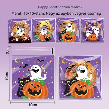 Öntapadós OPP csomagoló tasakok sütemények és édességek Halloween mintákkal — Happy Ghost 4-in-1, Pumpkin Cat 4-in-1, Happy Castle 4-in-1